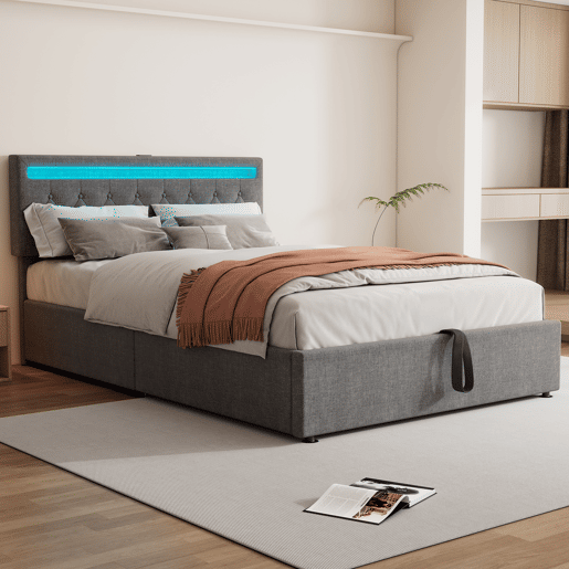 Cama contentora em tecido de linho 140x200 cm com LED - tomadas USB e C na cama - com estrado - Cinzento
