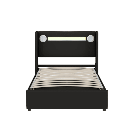 Cama contentora estofada em pele 90x200 cm com LED, leitor Bluetooth e portas de carregamento USB - com estrado de molas - Preto