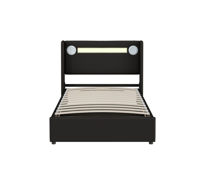Cama contenedor tapizada en piel sintética de 90x200 cm con led, reproductor bluetooth y puertos de carga usb - con somier - negro