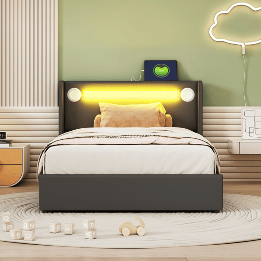Cama contentora estofada em pele 90x200 cm com LED, leitor Bluetooth e portas de carregamento USB - com estrado de molas - Preto