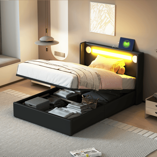 Cama contentora estofada em pele 90x200 cm com LED, leitor Bluetooth e portas de carregamento USB - com estrado de molas - Preto