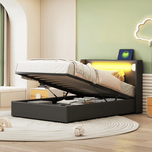 Cama contentora estofada em pele 90x200 cm com LED, leitor Bluetooth e portas de carregamento USB - com estrado de molas - Preto