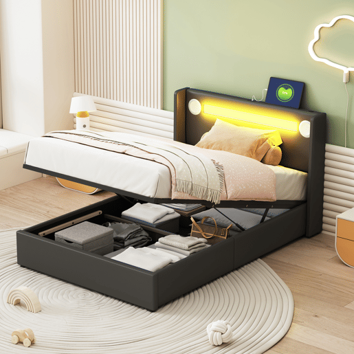 Cama contentora estofada em pele 90x200 cm com LED, leitor Bluetooth e portas de carregamento USB - com estrado de molas - Preto