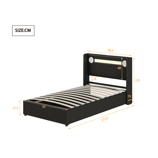 Cama contentora estofada em pele 90x200 cm com LED, leitor Bluetooth e portas de carregamento USB - com estrado de molas - Preto