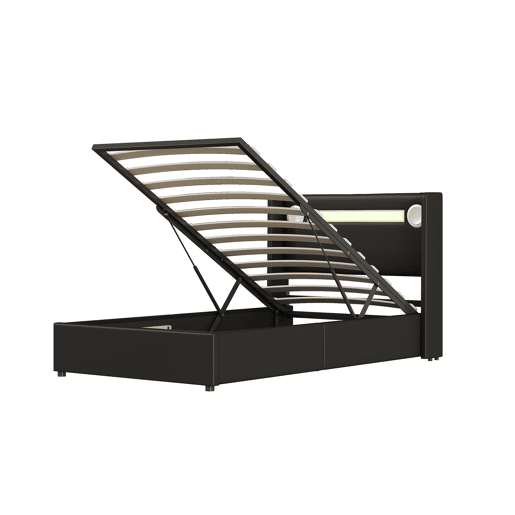 Cama contentora estofada em pele 90x200 cm com LED, leitor Bluetooth e portas de carregamento USB - com estrado de molas - Preto