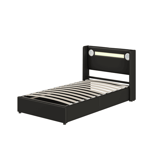Cama contentora estofada em pele 90x200 cm com LED, leitor Bluetooth e portas de carregamento USB - com estrado de molas - Preto