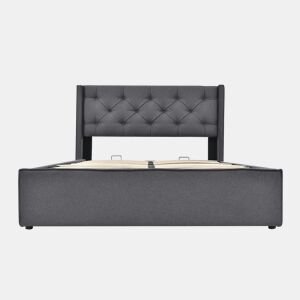 Cama com arrumação estofada 140x200 cm em tecido de algodão - com estrado de ripas - Cinzento