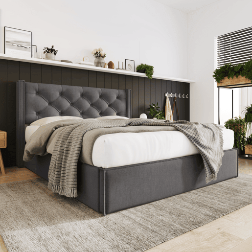 Cama com arrumação estofada 140x200 cm em tecido de algodão - com estrado de ripas - Cinzento
