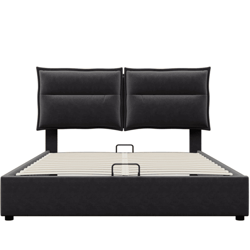 Cama de contentor estofada em veludo 140x200 cm com cabeceira regulável e estrado de ripas - Preto