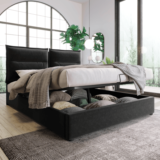 Cama de contentor estofada em veludo 140x200 cm com cabeceira regulável e estrado de ripas - Preto