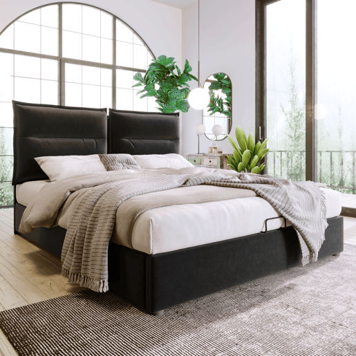 Cama de contentor estofada em veludo 140x200 cm com cabeceira regulável e estrado de ripas - Preto