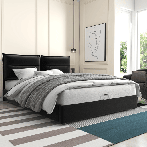 Cama de contentor estofada em veludo 140x200 cm com cabeceira regulável e estrado de ripas - Preto