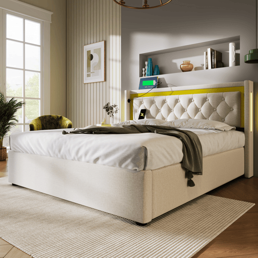 Cama de algodão para arrumação 140x200 cm com LED e portas USB - com estrado de ripas - Bege