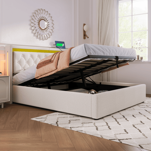 Cama de algodão para arrumação 140x200 cm com LED e portas USB - com estrado de ripas - Bege