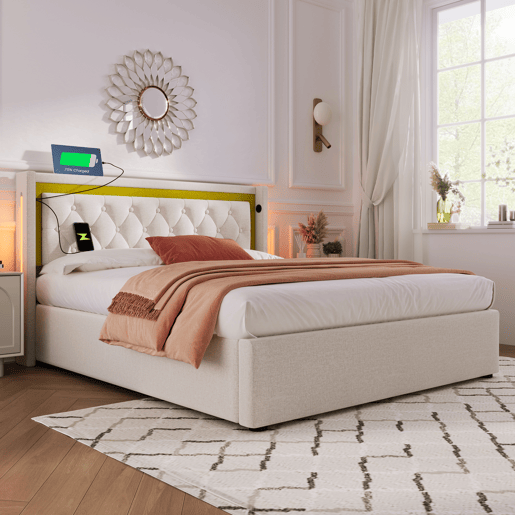 Cama de algodão para arrumação 140x200 cm com LED e portas USB - com estrado de ripas - Bege