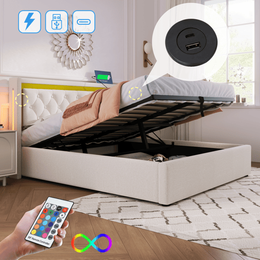 Cama de algodão para arrumação 140x200 cm com LED e portas USB - com estrado de ripas - Bege