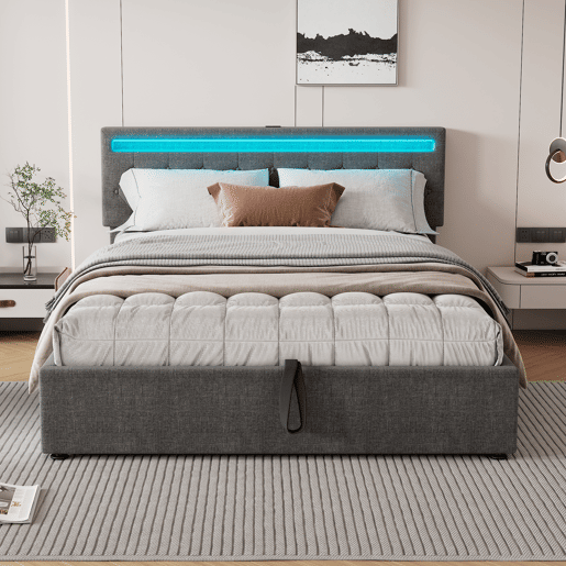 Cama para arrumação de roupa de cama 160x200 cm com LED - tomadas USB e C na cama - com estrado - Cinzento