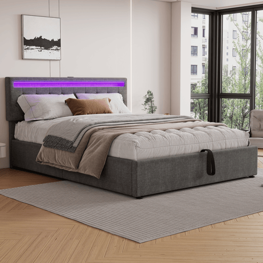 Cama para arrumação de roupa de cama 160x200 cm com LED - tomadas USB e C na cama - com estrado - Cinzento