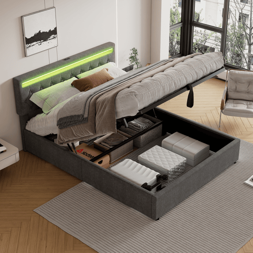 Cama para arrumação de roupa de cama 160x200 cm com LED - tomadas USB e C na cama - com estrado - Cinzento