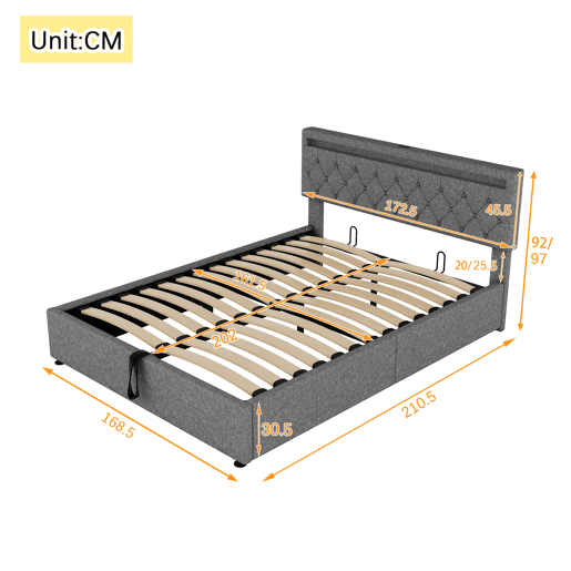 Cama para arrumação de roupa de cama 160x200 cm com LED - tomadas USB e C na cama - com estrado - Cinzento