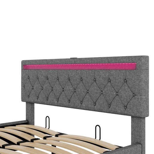 Cama para arrumação de roupa de cama 160x200 cm com LED - tomadas USB e C na cama - com estrado - Cinzento