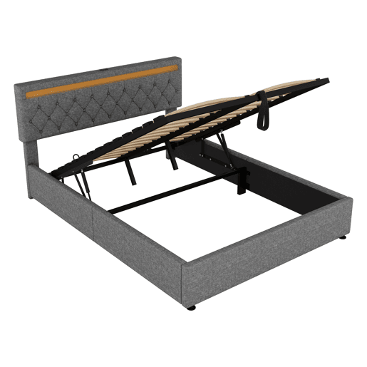 Cama para arrumação de roupa de cama 160x200 cm com LED - tomadas USB e C na cama - com estrado - Cinzento