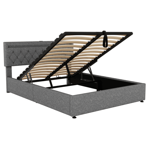 Cama para arrumação de roupa de cama 160x200 cm com LED - tomadas USB e C na cama - com estrado - Cinzento