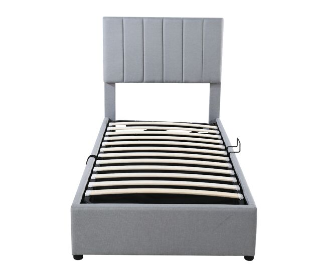 Cama con almacenaje tapizada en tela de lino - 90x200 cm - gris