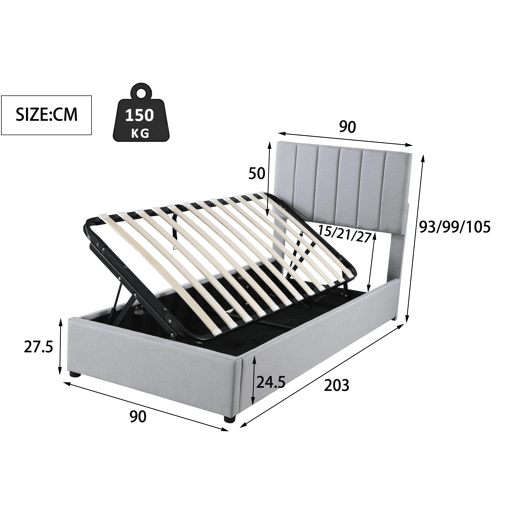 Cama estofada em linho com arrumação - 90x200 cm - Cinzento