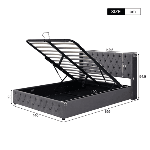 Cama de arrumação em veludo com estrado de ripas 140x190 cm - Cinzento