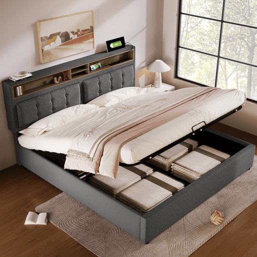 Cama contentora 140x200 cm em tecido de linho - cabeceira regulável com fichas - com estrado de molas - Cinzento