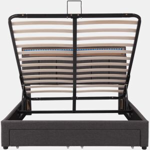 Cama de arrumação estofada em linho 140x200 cm com gavetas - móvel de arrumação com LED - estrado de ripas - Cinzento