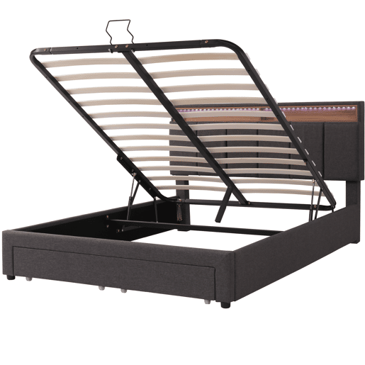 Cama de arrumação estofada em linho 140x200 cm com gavetas - móvel de arrumação com LED - estrado de ripas - Cinzento