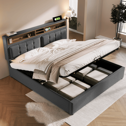 Cama contentora de 160x200 cm em tecido de linho - cabeceira regulável com fichas - com estrado - Cinzento