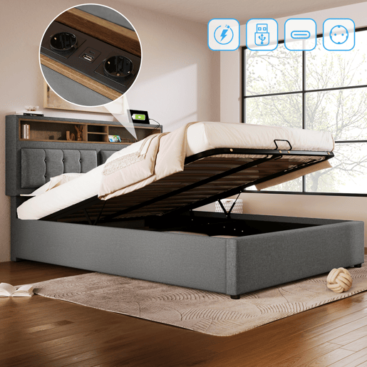 Cama contentora de 160x200 cm em tecido de linho - cabeceira regulável com fichas - com estrado - Cinzento