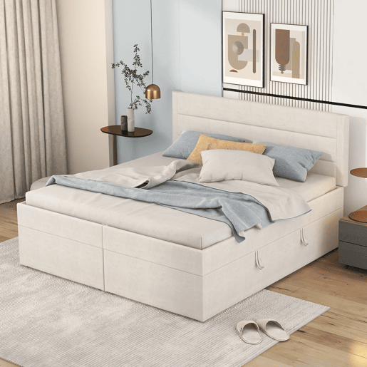 Cama para arrumação com estrado de ripas - 140x200 cm - tecido de linho - Bege