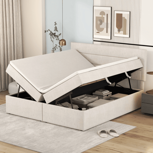 Cama para arrumação com estrado de ripas - 140x200 cm - tecido de linho - Bege