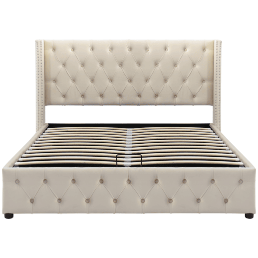 Cama de arrumação em veludo com base de ripas 140x190 cm - bege