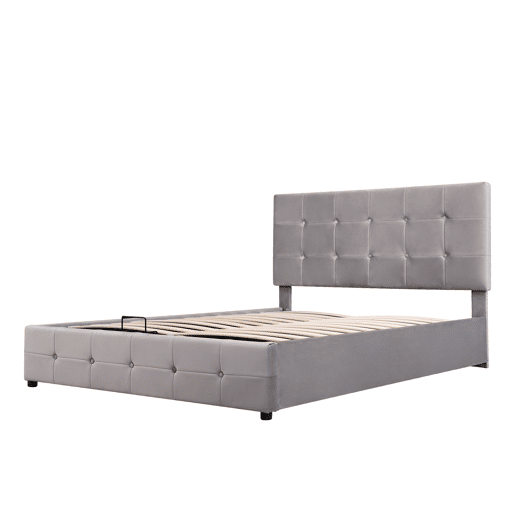 Cama estofada com arrumação - 140x200cm - tecido aveludado - cabeceira regulável com desenho de blocos - Cinzento