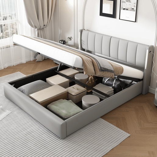 Cama contentora estofada em pele sintética - 160x200 cm - com porta USB e LED - cabeceira de ângulo ajustável - Cinzento