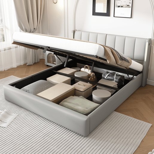 Cama contentora estofada em pele sintética - 160x200 cm - com porta USB e LED - cabeceira de ângulo ajustável - Cinzento