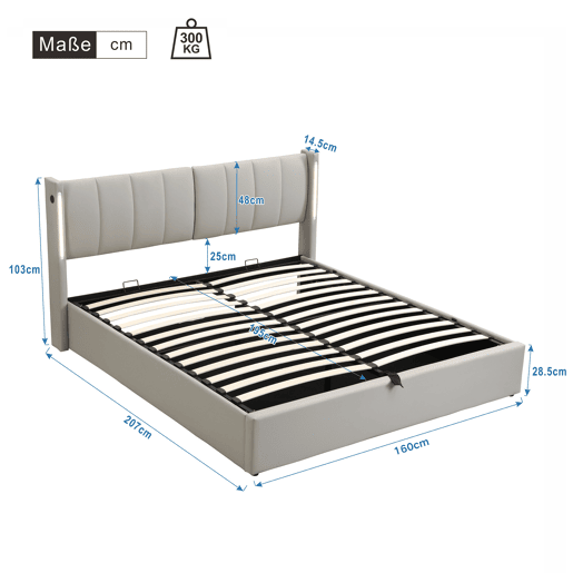 Cama contentora estofada em pele sintética - 160x200 cm - com porta USB e LED - cabeceira de ângulo ajustável - Cinzento