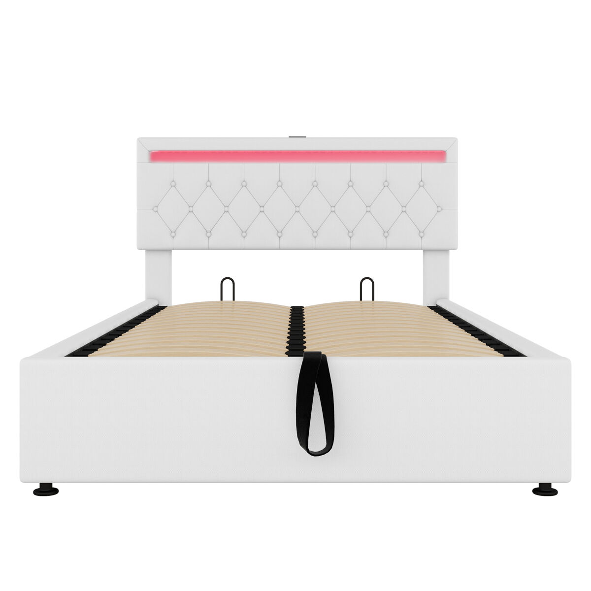 Cama contenedor de tela de lino de 140x200 cm con led - tomas usb y tipo c en la cama - con somier - blanco