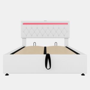 Cama contentora em tecido de linho 140x200 cm com LED - tomadas USB e C na cama - com estrado - Branco
