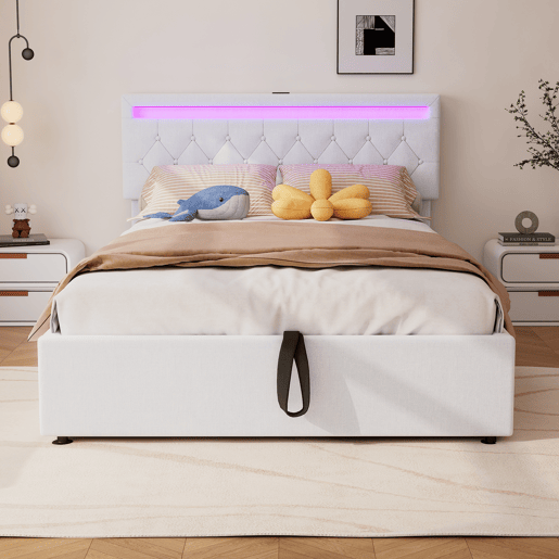 Cama contentora em tecido de linho 140x200 cm com LED - tomadas USB e C na cama - com estrado - Branco