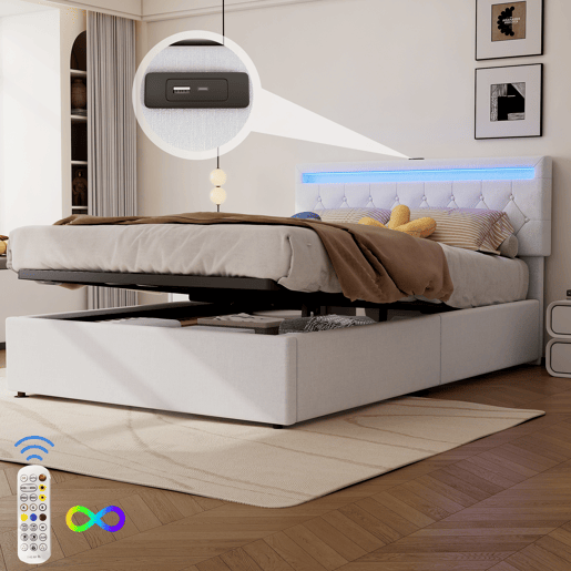 Cama contentora em tecido de linho 140x200 cm com LED - tomadas USB e C na cama - com estrado - Branco