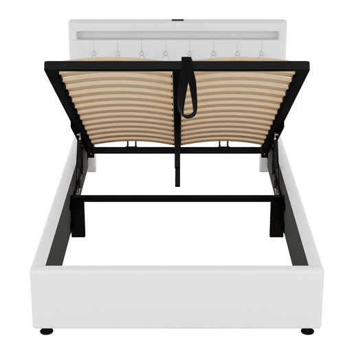 Cama contentora em tecido de linho 140x200 cm com LED - tomadas USB e C na cama - com estrado - Branco