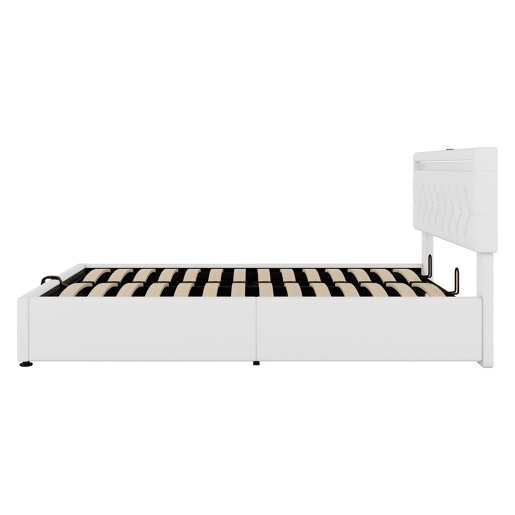 Cama contentora em tecido de linho 140x200 cm com LED - tomadas USB e C na cama - com estrado - Branco