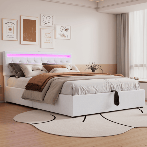 Cama contentora 160x200 cm em tecido de linho com LED - tomadas USB e C na cama - com estrado - Branco