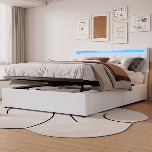 Cama contentora 160x200 cm em tecido de linho com LED - tomadas USB e C na cama - com estrado - Branco
